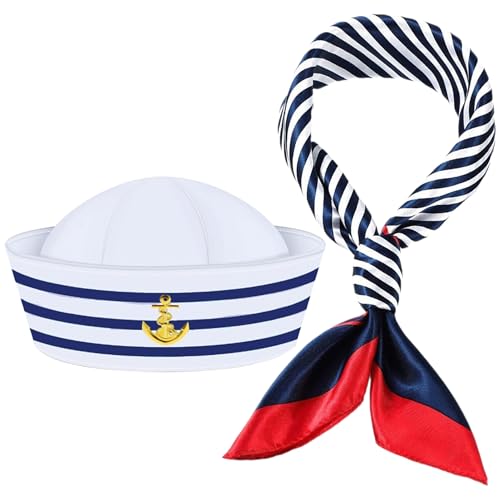 D-Fokes 2Pcs Yacht Captain Hat Sailor Ship Cap Scarf Navy Costume Dressing up Party Accessories for Women Men