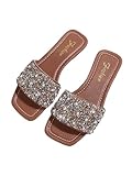 GORGLITTER Women's Pearl Glitter Flats Sandal Dressy Sparkly Sequin Open Toe Slip on Slides Summer Wedding Sandals Brown 9.5
