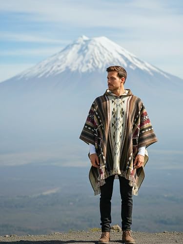 Image of Wool Poncho Adult Ponchos With Hood for men Alpaca Poncho Men Artesanal Ponchos Adult Alpaca Mens Panchos
