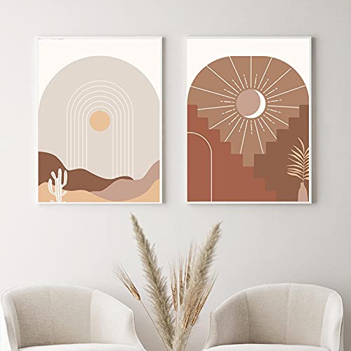 Toile Boho Désert et Soleil Lune Lot de 2 Affiches Bohème Beige et Marron 40x60cm pour Salon Decor