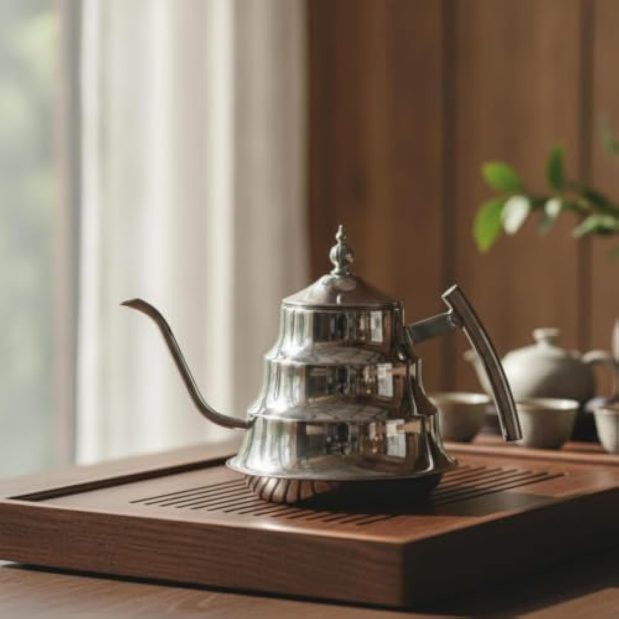 Stainless Steel Gooseneck Teapot with Strainer - Bamboo Joint Theme