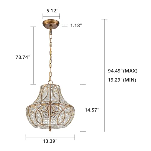 Image of 4-Light Antique Gold Gourd Beaded Chandelier, 13 inch Vintage Crystal Pendant Lighting Fixture for Dining Room, Living Room, Kitchen Island, Bedroom