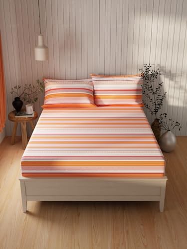 Image of KOPA Extra Smooth Cotton Double Bedsheet with 2 Pillow Covers -3pc Set (Lopez) | Extra Smooth Cotton | 1 Double Bedsheet with 2 King Size Pillow Covers Stripe-Orange /Multi