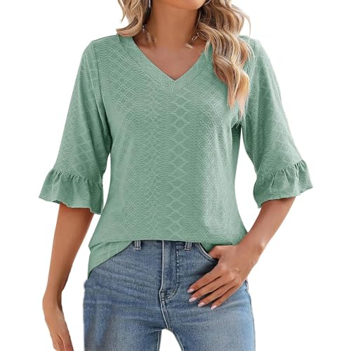 Women's Eyelet Embroidery Blouses Dressy Casual 3/4 Sleeve Work Shirts