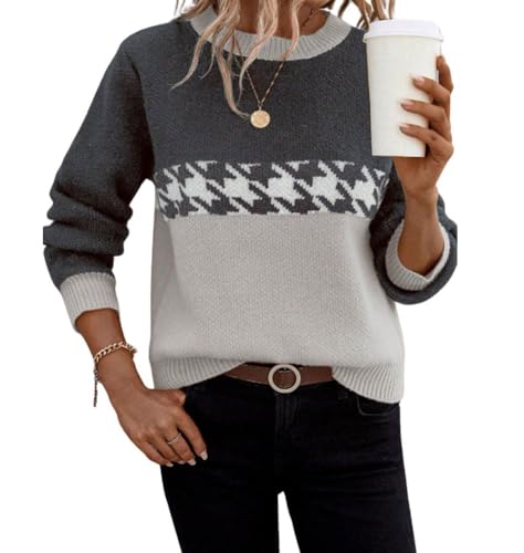 Image of chouyatou Women's Vintage Color Block Long Sleeve Pullover Sweater Houndstooth Printed Crewneck Jumper Tops
