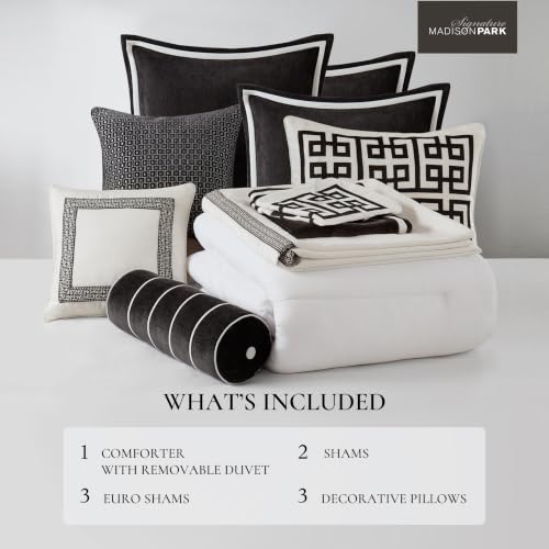 Image of Madison Park Signature King Comforter Set Hotel Style Embroidered, Oversized Comforters King Size Bed, All Season Down Alternative Overfilled Size Comforter, Jarvis, Black /White 9 Piece