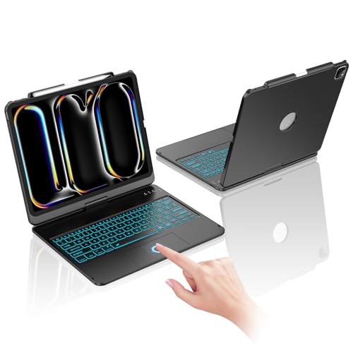 KBCASE iPad Pro 13 inch Case with Keyboard (M5/M4 2025/2024) 360 Rotatable Bluetooth Keyboard Large Multi-Touch Trackpad 7-Color Backlit Landscape/Portrait QWERTY Pencil Holder Black