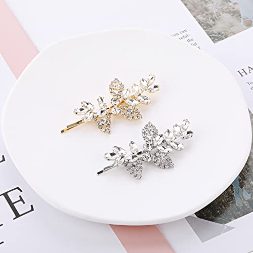 2Pcs Rhinestone Bobby Pins For Hair, Rhinestone Bridal Hair Clip Crystal Hair Clips Decorative Hair Pins Silver Flower Leaf Wedding Hairpin Barrette For Bride Women And Girls(Silver/Gold) #TOP3