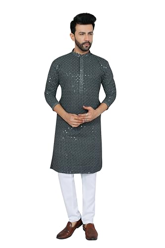Men's Embroidered Kurta and Straight Pants Set, Multicolor, Viscose Rayon, Knee-Length, Kurta for Men (GREY, SMALL)4