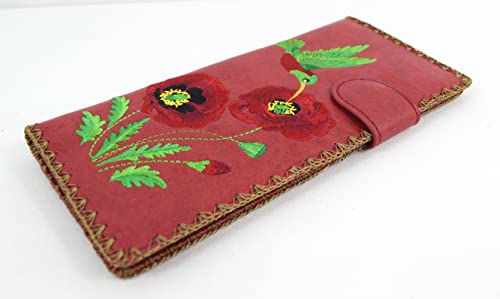 Embroidered Hummingbird and Poppy Flower Faux Leather Large Flat Wallet (Red)3