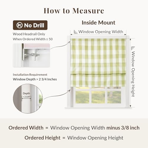Image of TWOPAGES No Drill Cordless Buffalo Plaid Roman Shades Gingham Checkered Roman Blinds for Windows, Custom Made Room Darkening Blinds Farmhouse Shades, Olivine Grid, 1 Piece