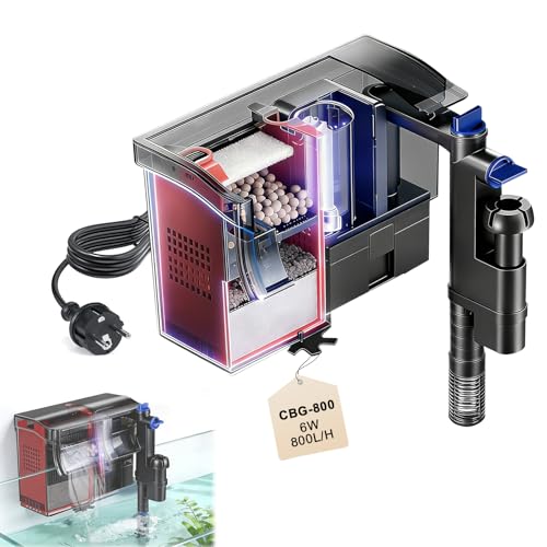 EXLECO Filtro Acquario Esterno a Zaino 6W 800L/H, con Lampada UV, Pompa Acqua, Skimmer e Spugna di Ricambio, Mini Completi per Acquari: 75-190L, Tartarughe d’Acqua – con Cannolicchi e Carbone Attivo