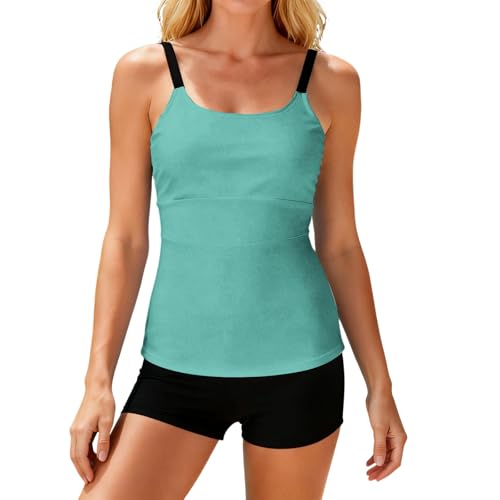 Bañador Turbo Mujer,Baño Elegante De Mujer Con Efecto Push-Up,Tankini De Talle Alto,Baño Casual De Color Liso,Baño De Tallas Grandes,Ropa De Playa,Tankini Deportivo Con Shorts Broche Bikini(1Cyan,XXL)