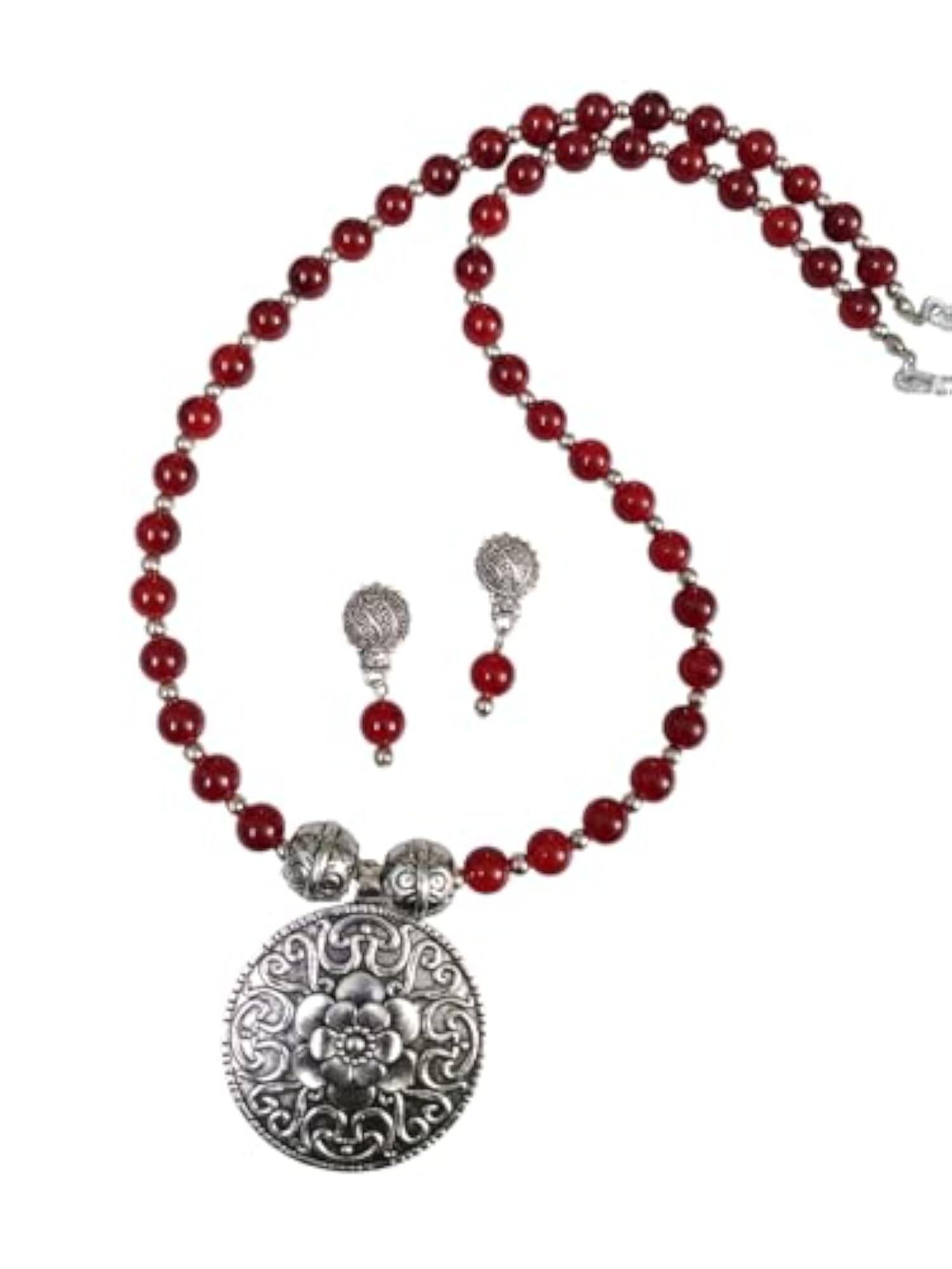 Women's Ethnic Big Pendant Artificial Oxidized Necklace Set, Maroon