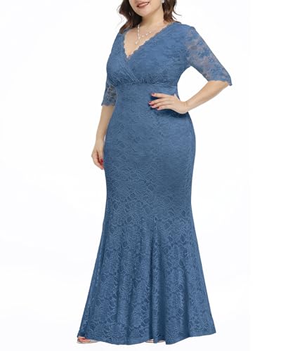 Image of Pinup Fashion Plus Size Formal Evening Dress Wedding Guest Bridal Gowns | Floral lace, wrap v-neck, 3 /4 sleeves, empire waist, mermaid floor length, side zipper