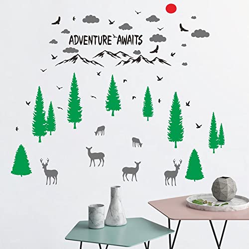 Anfrjji Green Woodland Nursery Wall Decal - Removable Pvc Sticker With Pine Tree, Deer, Flying Goose, Jungle Mountain, Cloud And Red Sun - Adventure Awaits Wall Decor For Baby Room - Effect33"X39" (Black-Jwh207 -Sun) #TOP7
