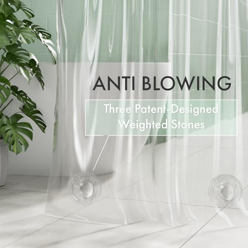 Image of AmazerBath No Hook Shower Curtain and Liner 3-in-1, 100% EVA Luxury Soft Heavy Duty Clear Shower Liner, 72x75 Hookless Shower Curtain with 3 Heavyweight Stones