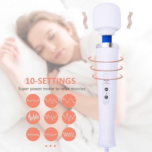 Image of Electric Wand Massager - Powerful Handheld Back Massager with 10 Rhythmical Speeds, Wired Deep Tissue Vibrating Massager for Muscle Aches, Neck, Shoulder & Foot Relief - White