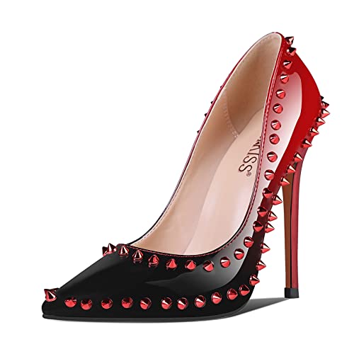 wetkiss Red Studded Heels, Rivet Spiked Pumps for Women, Red Black Ombre Stiletto Pumps, Pointed Toe Slip on Sexy High Heels