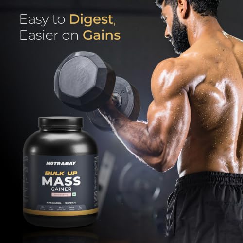 Image of Nutrabay Gold Bulk Up Mass Gainer Powder - 3kg, Strawberry | 30g Protein, 104g Carbs, 554 Calories | Easy to Digest | 100% Veg Muscle Building & Weight Gainer Supplement for Men & Women