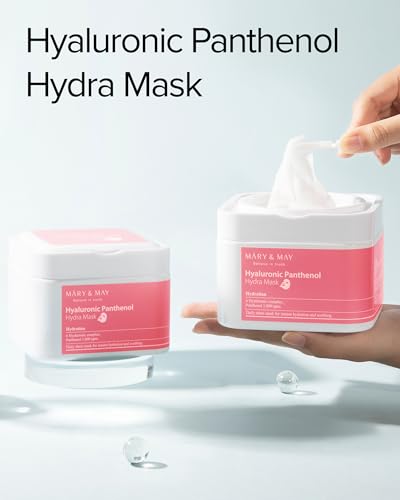 Image of Mary&May Hyaluronic Panthenol Daily Sheet Mask, 30 Sheets | Korean hydrating face mask with 6 types of hyaluronic acid, 1,000ppm panthenol & allantoin, pull-out case for dry, dull skin