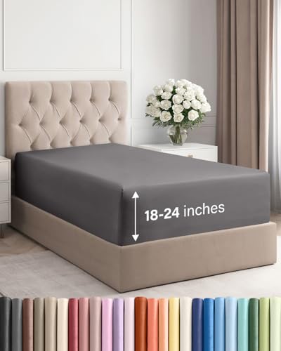 Image of Deep Twin XL Fitted Sheet - College Dorm Room Essentials - Dark Grey | Easily Fits 18 inch to 24 inch Mattress, Wrinkle Resistant, Soft, Breathable & Comfy, Extra Deep Pockets Fitted Sheet