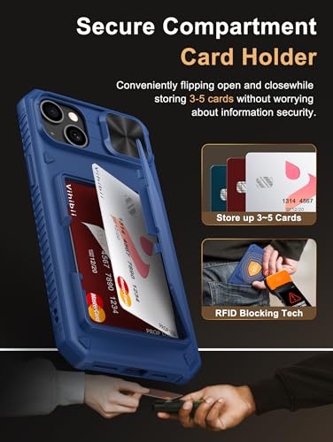 Image of Vihibii for iPhone 15 Plus, iPhone 14 Plus Back Cover Wallet with Card Holder (4 Cards) [RFID Blocking] & Slide Camera Cover, Military Grade Drop Protection, Rugged Back & Silicone Case, 6.7 inch, Blue