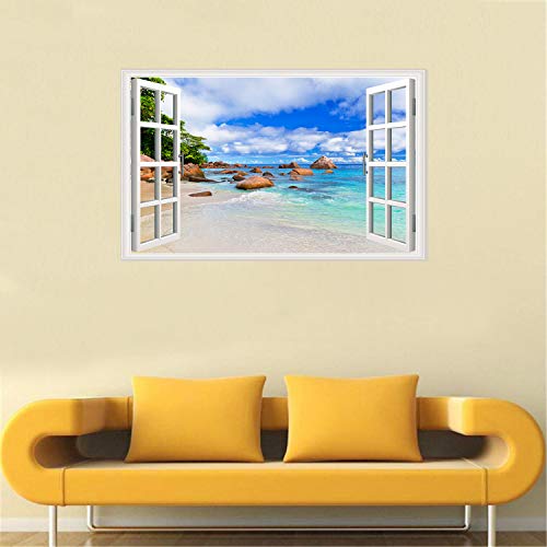 Rajahubri 3D Beach Fake Window Wall Stickers Blue Sky Window View Wall Decals Seascape Wall Sticker Removable Ocean Beach Wall Decals For Bedroom Kids Room #TOP6