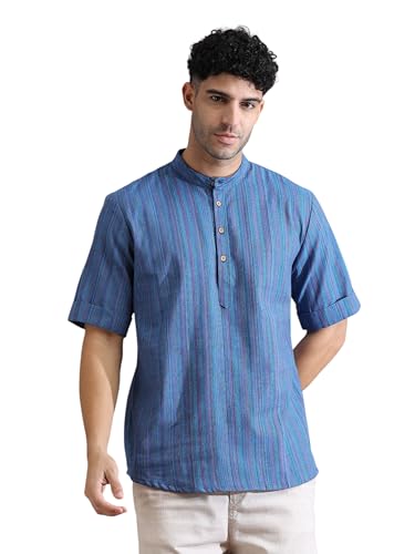 Image of Filori Lurex Checks Design Short Kurta | Pure Cotton | Half Sleeves | Mandarin Collar