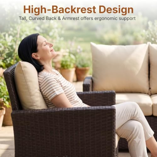Image of DEVOKO Outdoor 7-Seater Patio Dining Set Sofa with Glass Top Table & Water-Resistant Cushions, Strong Metal Frame for Garden, Porch, Terrace(Dark Brown & Cream)