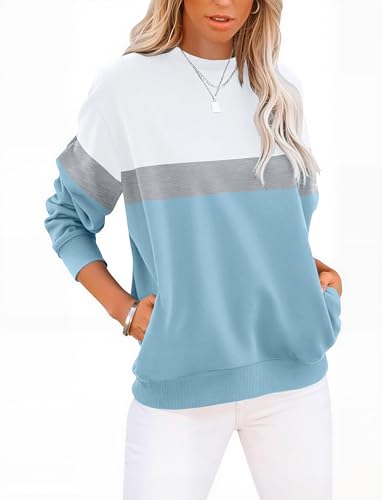 GKBK Womens Sweatshirts Cotton Crewneck Tops Long Sleeve Cute Lightweight Fall Winter Loose Casual Pullover with Pockets White Blue