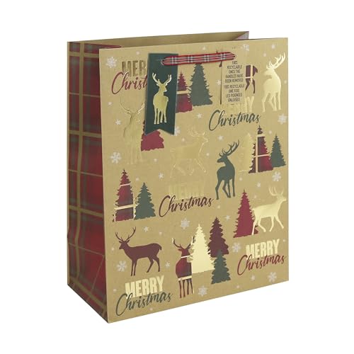 クレールフォンテーヌ 【クリスマスペーパーバッグ クラフト(100%再生紙)】 スタッグタータン Mサイズ(26.5×33×14cm)ミニタグ付き Clairefontaine cfX-32766-2