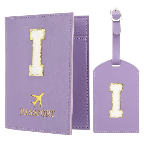 PATIKIL Passport Holder for Travel, Initial Passport Cover and Luggage Tag Set with Alphabet Chenille Letter Patch Travel Wallet Bag Suitcase Identifier for Women Family Travel Purple I