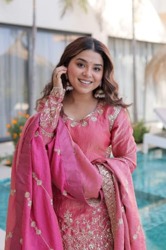 Image of Women's Embroidered Kurta Sharara Set with Dupatta | Designer Indian Ethnic Suit | Festive, Wedding, Engagement & Party Outfit for Women