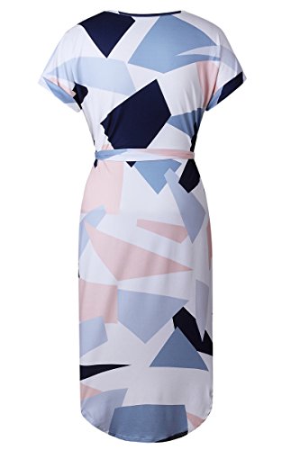 ECOWISH Womens Dresses Summer Casual V-Neck Floral Print Geometric Pattern Belted Dress White Large