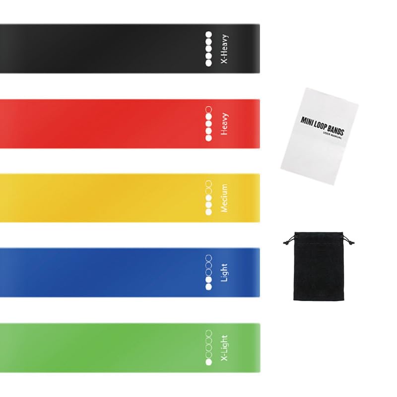5 Resistance Bands Set, Colour-Coded Latex Loops with Pouch and Guide