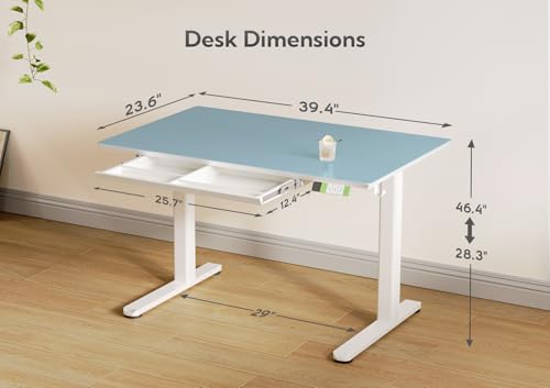 Image of INNOVAR Glass Standing Desk with Drawers 40x24 Inch Morandi Blue
