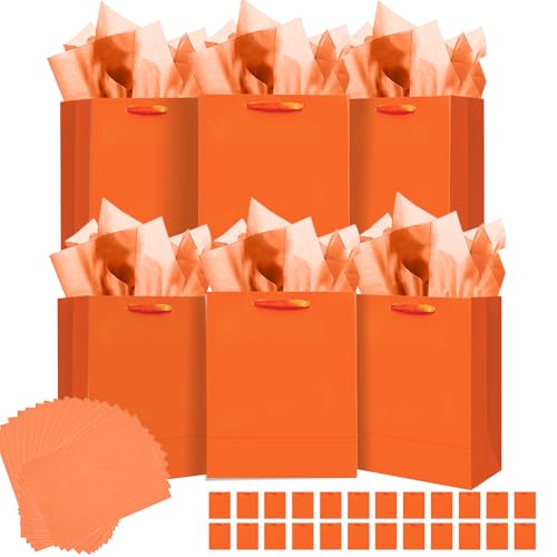qiqee 24pcs Bright Orange Gift Bags with Tissue Paper for Wedding Birthday Party Supplies-7.9x4.3x9.6 Medium Size Cardboard Gift Bags24pcs Bags + Tissue Paper