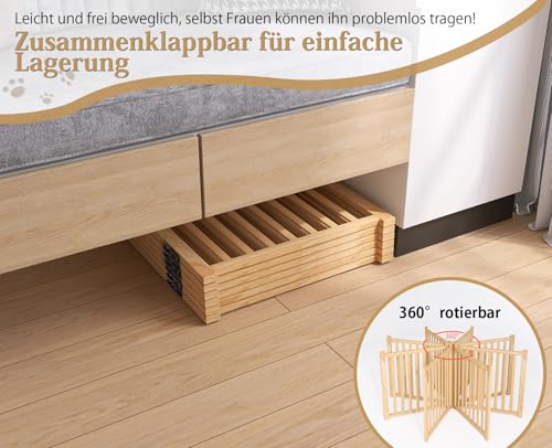 Pshelfy Lackfreies Naturholz-Hundeabsperrgitter, 6-teilig faltbar & 360° drehbar – Sicher als Welpen- und Kinderschutzgitter für Tür, Treppe, Flur (BxH: 351 x 58 cm, Natur, Unbehandelt)
