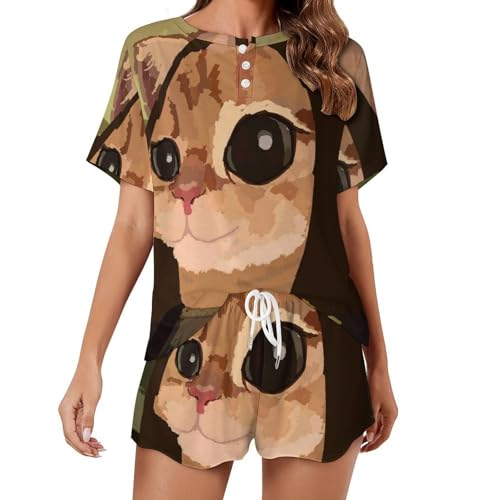 Pyjama chat femme ensemble manches courtes sleepwear respirant