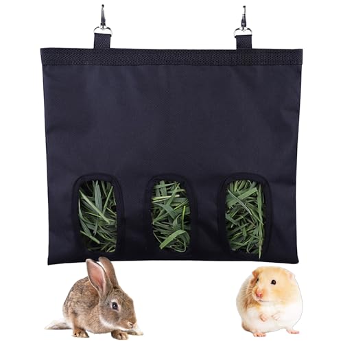 Rabbit Guinea Pigs Hay Feeder Bag Storage,Washable Hanging Automatic Feeding Hay,Convenient Small Animal Feeder Dispenser for Bunny Chinchilla Hamster (3 Windows)