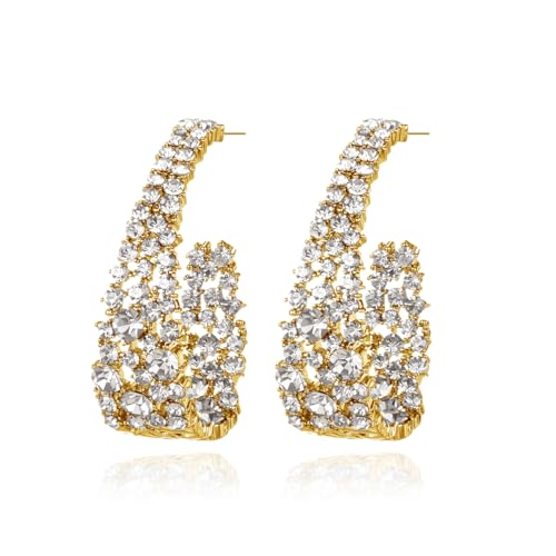 Qlady Crystal Hoop Earrings for Women, Gold Plated Full-Coverage Rhinestone Earrings, Glamorous Statement Jewelry for Formal Events & Party Nights(Gold)