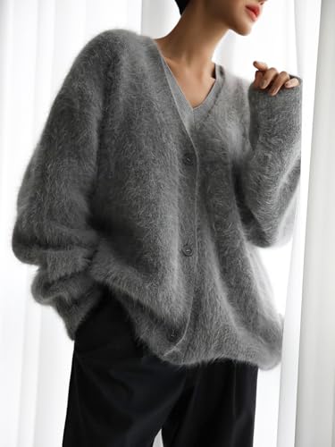 Image of chouyatou Women Furry Open Front Cardigan V-Neck Loose Casual Fluffy Knit Button Down Sweater Coat