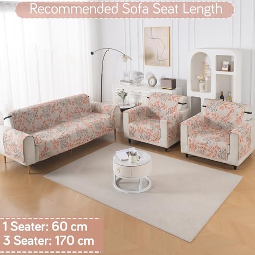 Image of HOKIPO AB Dual Design Quilted Sofa Cover 5 Seater, 3+1+1 Sofa Cover Set, Easy Drape Series, Peach Leaves (NEW-IN-1101 + IN-1099 * 2-ED3)
