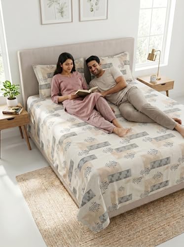 Image of Mafatlal 130 GSM Pearl Double Size Bedsheet with 2 Pillow Cover, Lightweight, Skin Friendly | 90 x 100 Inches | Warm Cream