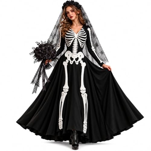 Genérico Disfraz Halloween Mujer,Disfraz Esqueleto Mujer Vestido Gotico Maxi Vestido Corta con Estampado de Esqueleto y Rosas, Cintura Alta Corte Acampanado, Vestidos de Fiesta Elegantes Maxi
