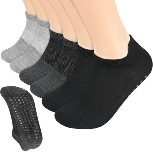KOOOGEAR 3 pares de calcetines antideslizantes de yoga y pilates para mujeres y hombres, antideslizantes, para evitar caídas, ballet, pilates, hospital, barre, Negro/Oscuro Claro/Gris Claro, 8-11