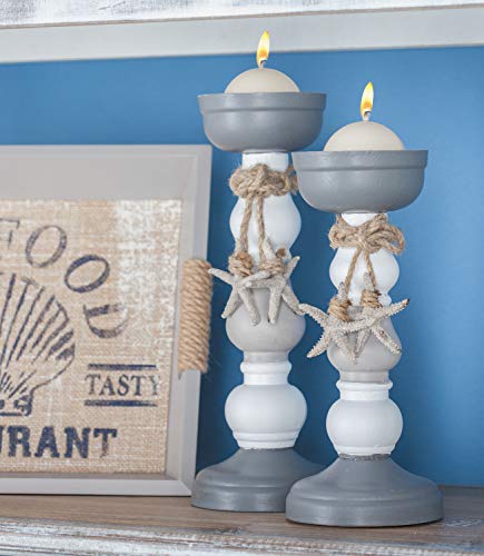 Deco 79 Wooden Votive Candle Holder with Knotted Rope, Set of 2: 4”L x 12”H, 4”L x 10”H, White and Gray