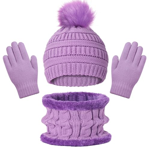 Image of Kids Winter Beanie Hat Scarf Gloves Set for 3-8 Years Old Boys Girls, Thick Warm Knitted Hat Gloves Fleece Lined Scarf Set