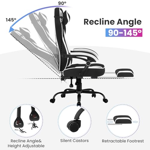 Sedia Gaming Ergonomica | Tessuto Traspirante Fresco D'estate | Schienale Regolabile Poggiapiedi | per Gaming Ufficio Relax | Sedile ampio e comodo per Persone di Taglia Grande | Nero+Bianco - Sedia gaming - Immagine 5
